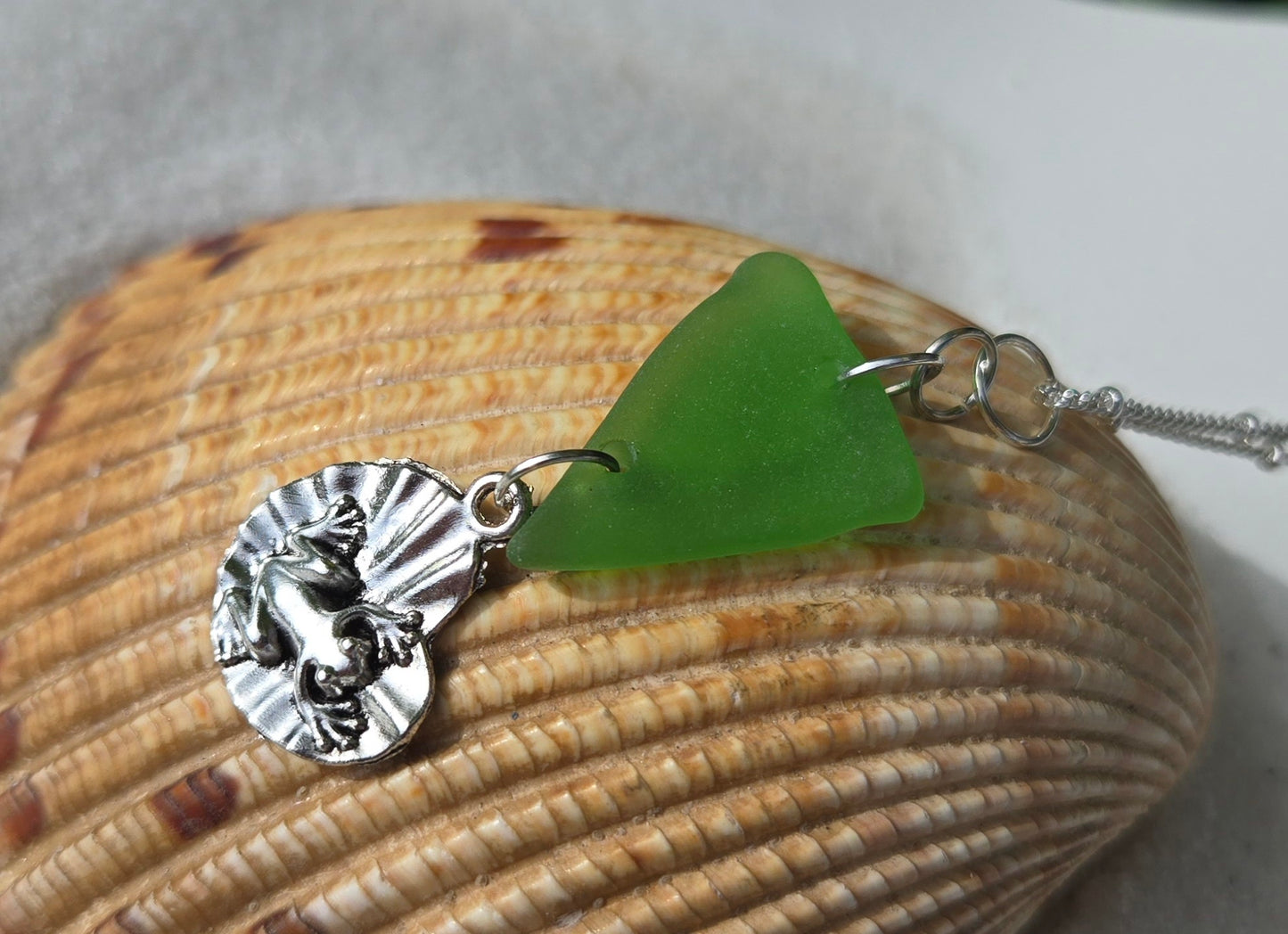 Green Frog on a Lilypad Seaglass Necklace