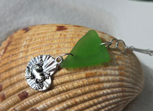 Green Frog on a Lilypad Seaglass Necklace