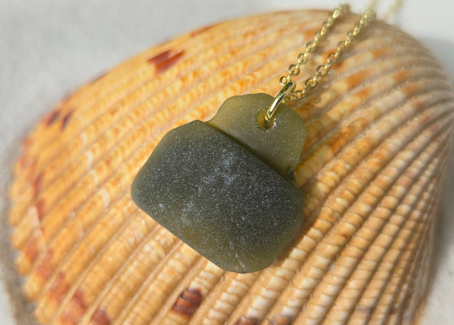 Deep Olive Green Bottle Lip Seaglass Necklace