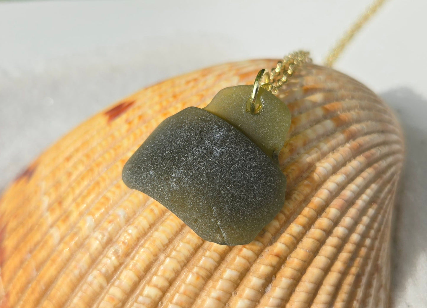 Deep Olive Green Bottle Lip Seaglass Necklace