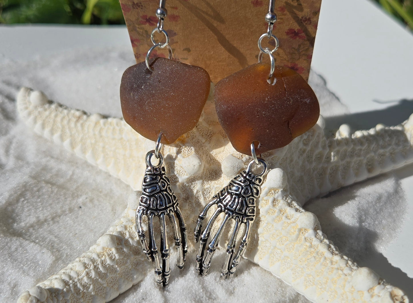 Skeleton Hand Seaglass Earrings