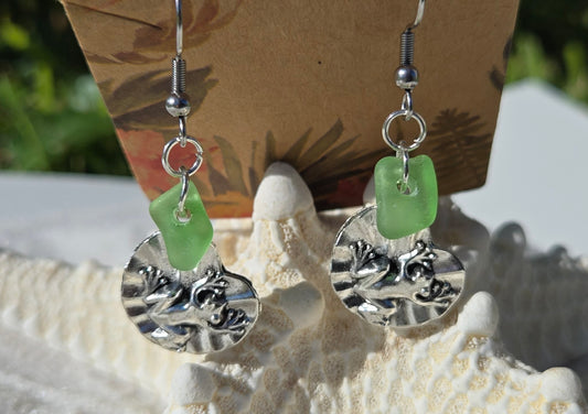 Tiny Green Seaglass Frog Earrings