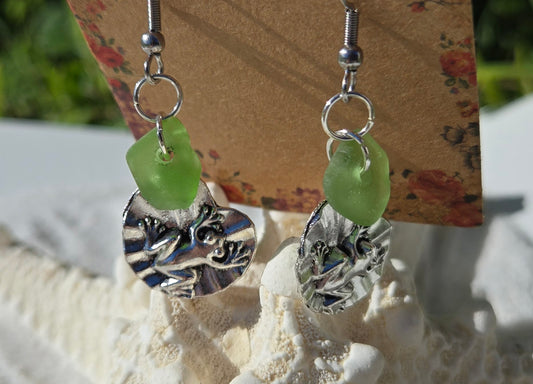 Tiny Green Seaglass Frog Earrings