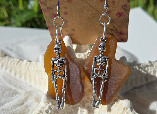 Thick Brown Skeleton Seaglass Earrings