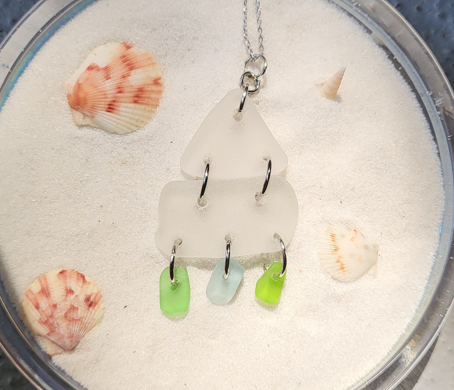 Multi-Stacked Frosty House with Green & Blue Seaglass Accents Necklace