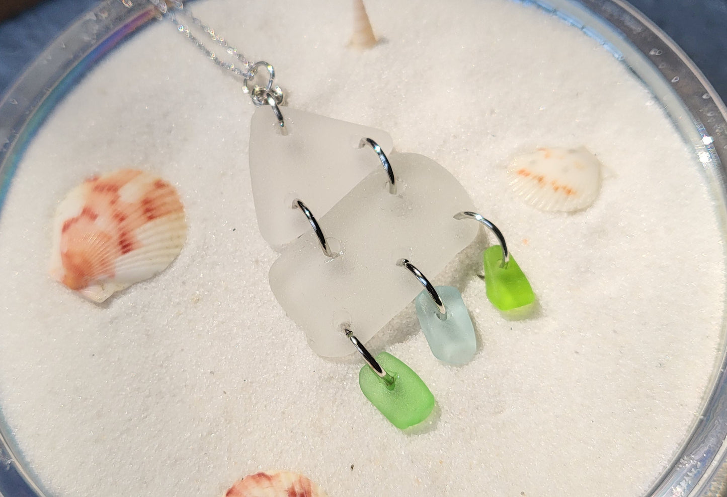 Multi-Stacked Frosty House with Green & Blue Seaglass Accents Necklace